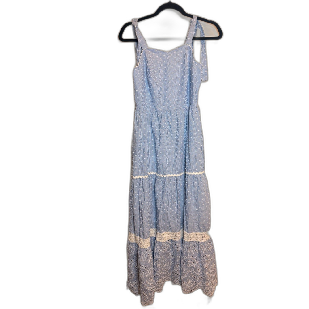Shabby Chic Blue Cotton Dobby Dot Tiered Maxi Dress Eyelet Lace Hem Size 4 Boho